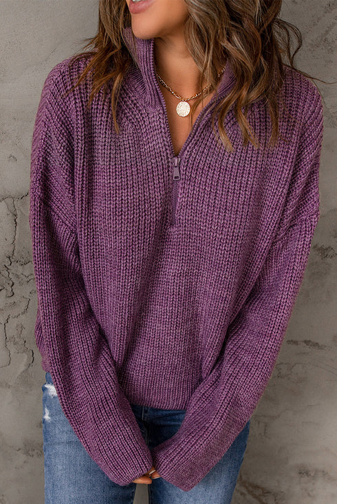 Zipped Turtleneck Drop Shoulder Knit Sweater